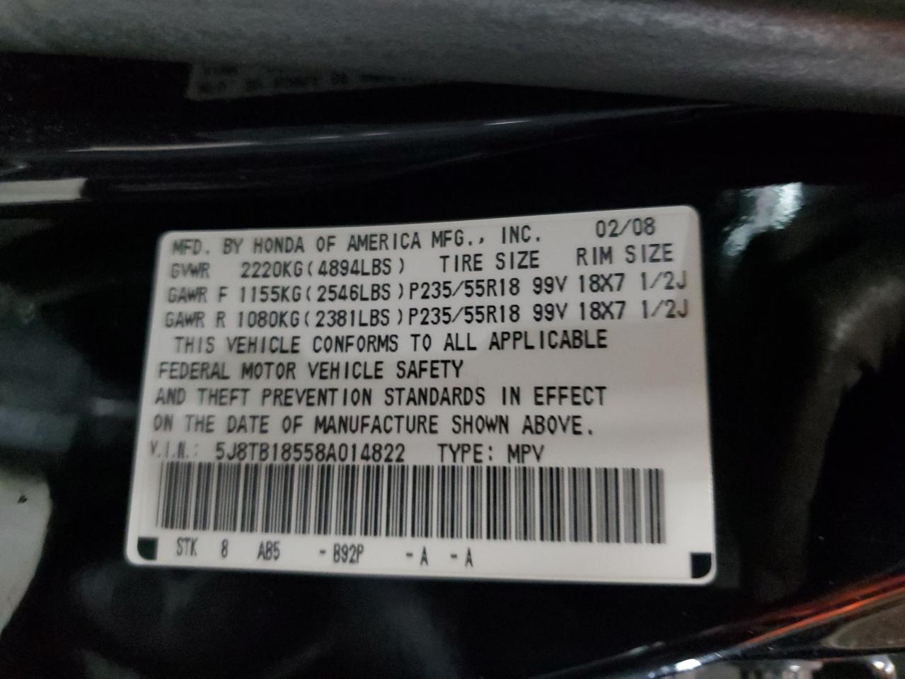 2008 Acura Rdx Technology VIN: 5J8TB18558A014822 Lot: 56244315