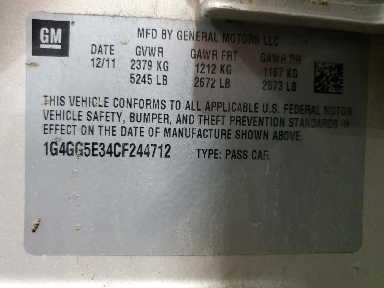 2012 Buick Lacrosse Premium VIN: 1G4GG5E34CF244712 Lot: 56888415
