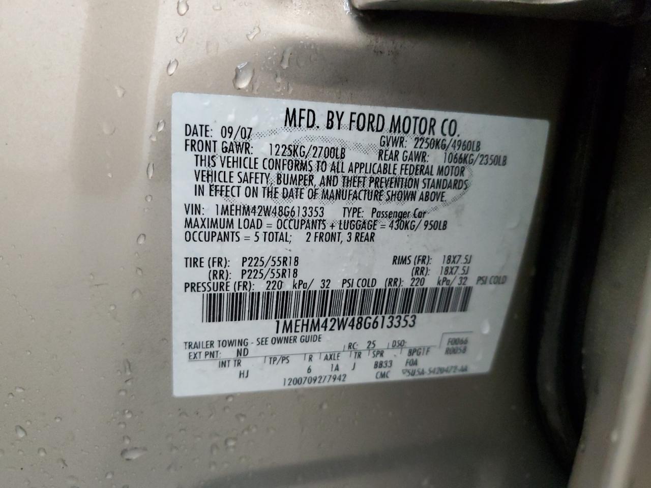 2008 Mercury Sable Premier VIN: 1MEHM42W48G613353 Lot: 54682075