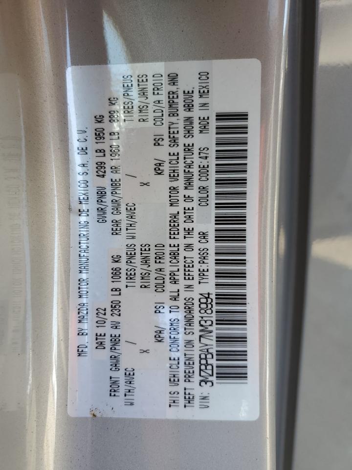 2022 Mazda 3 VIN: 3MZBPBAY7NM318994 Lot: 57268825