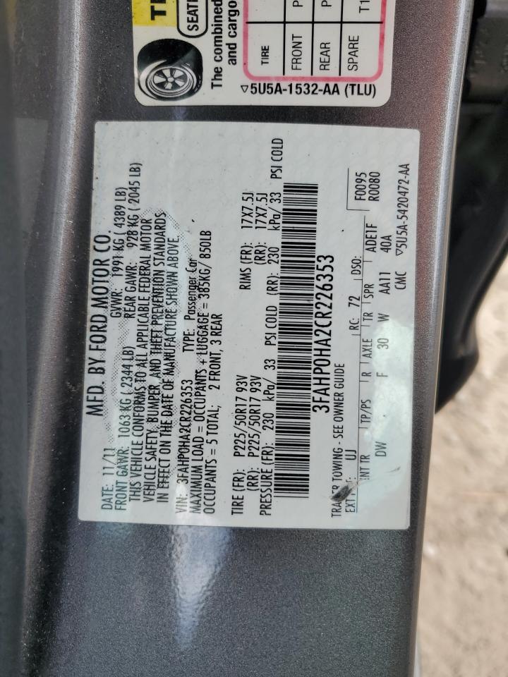 2012 Ford Fusion Se VIN: 3FAHP0HA2CR226353 Lot: 56980195