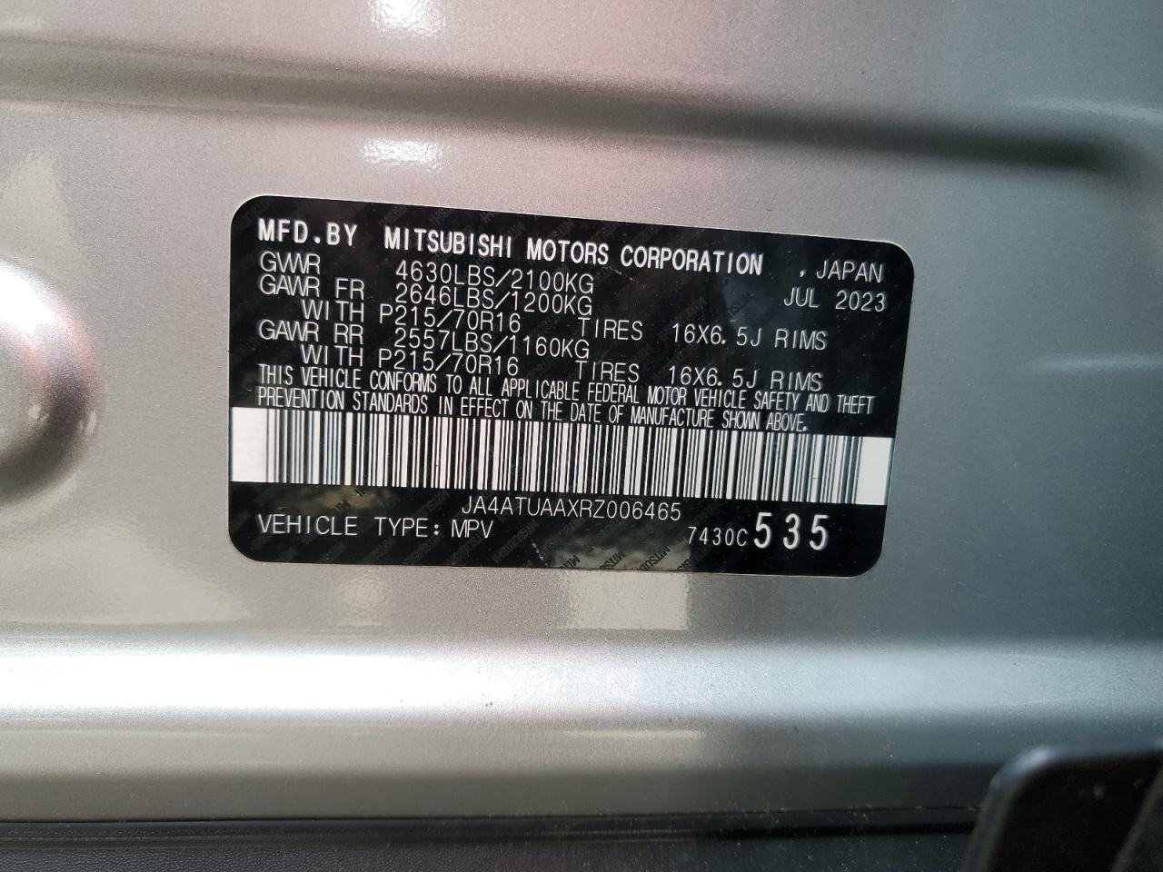 2024 Mitsubishi Eclipse Cross Es VIN: JA4ATUAAXRZ006465 Lot: 56857195