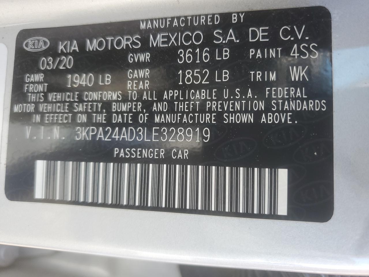 2020 Kia Rio Lx VIN: 3KPA24AD3LE328919 Lot: 56587105