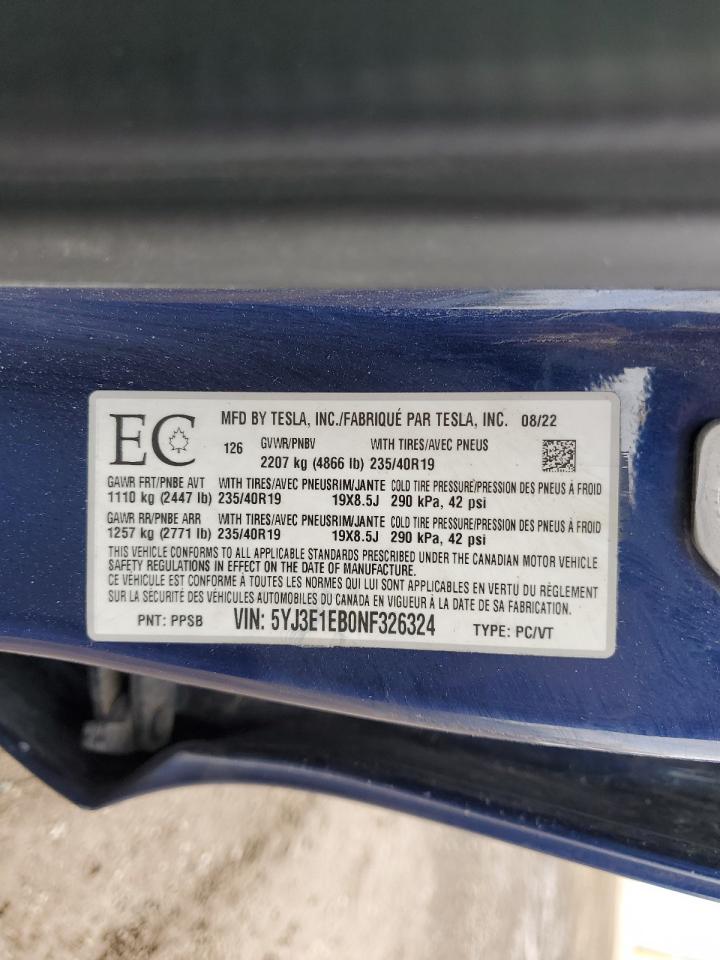 2022 Tesla Model 3 VIN: 5YJ3E1EB0NF326324 Lot: 57064945
