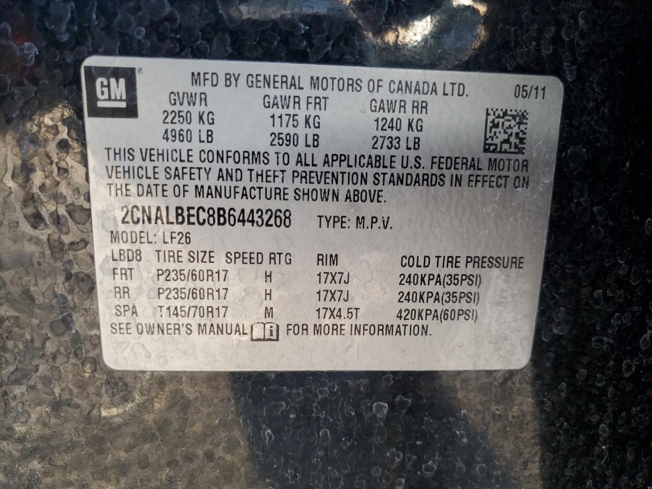 2011 Chevrolet Equinox Ls VIN: 2CNALBEC8B6443268 Lot: 57459385