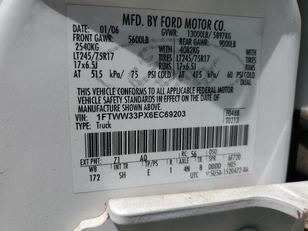 2006 Ford F350 Super Duty VIN: 1FTWW33PX6EC69203 Lot: 56181705