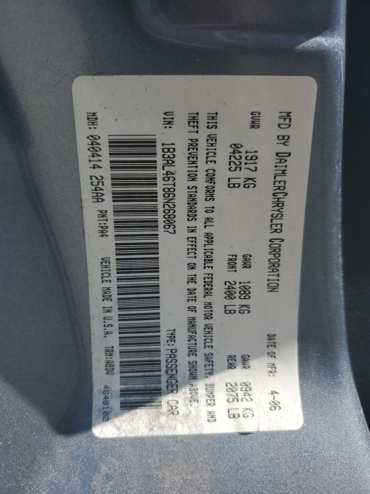 2006 Dodge Stratus Sxt VIN: 1B3AL46T86N268067 Lot: 58386955