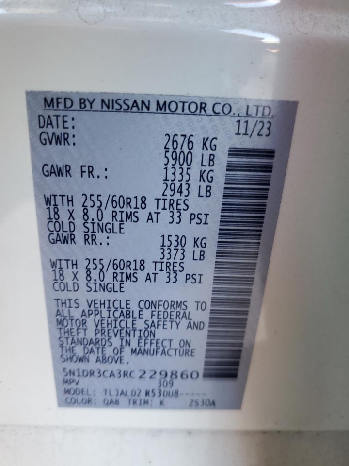 2024 Nissan Pathfinder Sl VIN: 5N1DR3CA3RC229860 Lot: 56919295