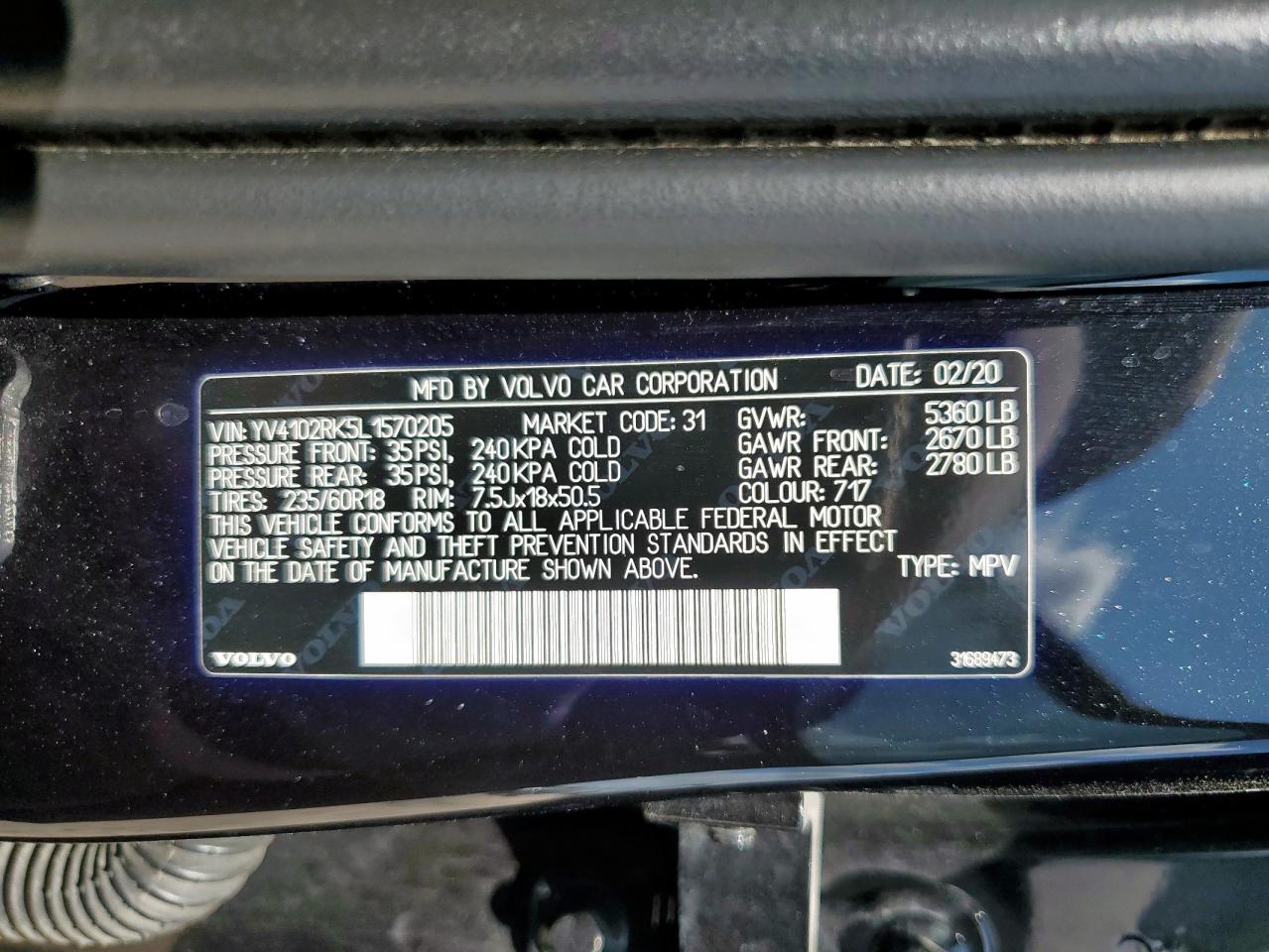 2020 Volvo Xc60 T5 Momentum VIN: YV4102RK5L1570205 Lot: 58361625