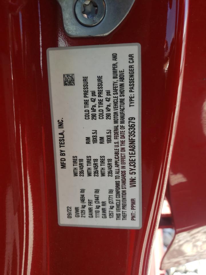 2022 Tesla Model 3 VIN: 5YJ3E1EA8NF353679 Lot: 56831495