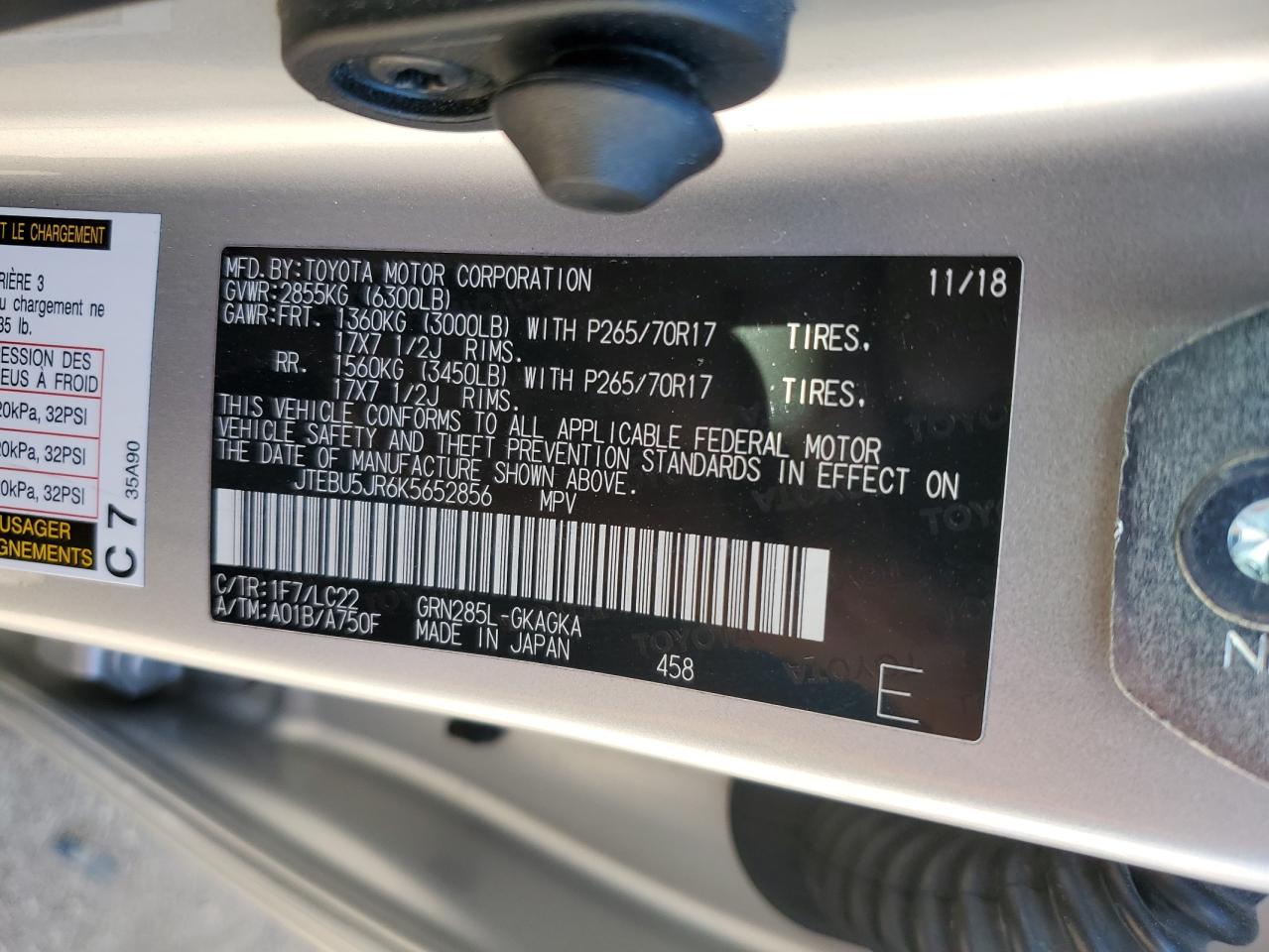 2019 Toyota 4Runner Sr5/Sr5 Premium VIN: JTEBU5JR6K5652856 Lot: 57349305