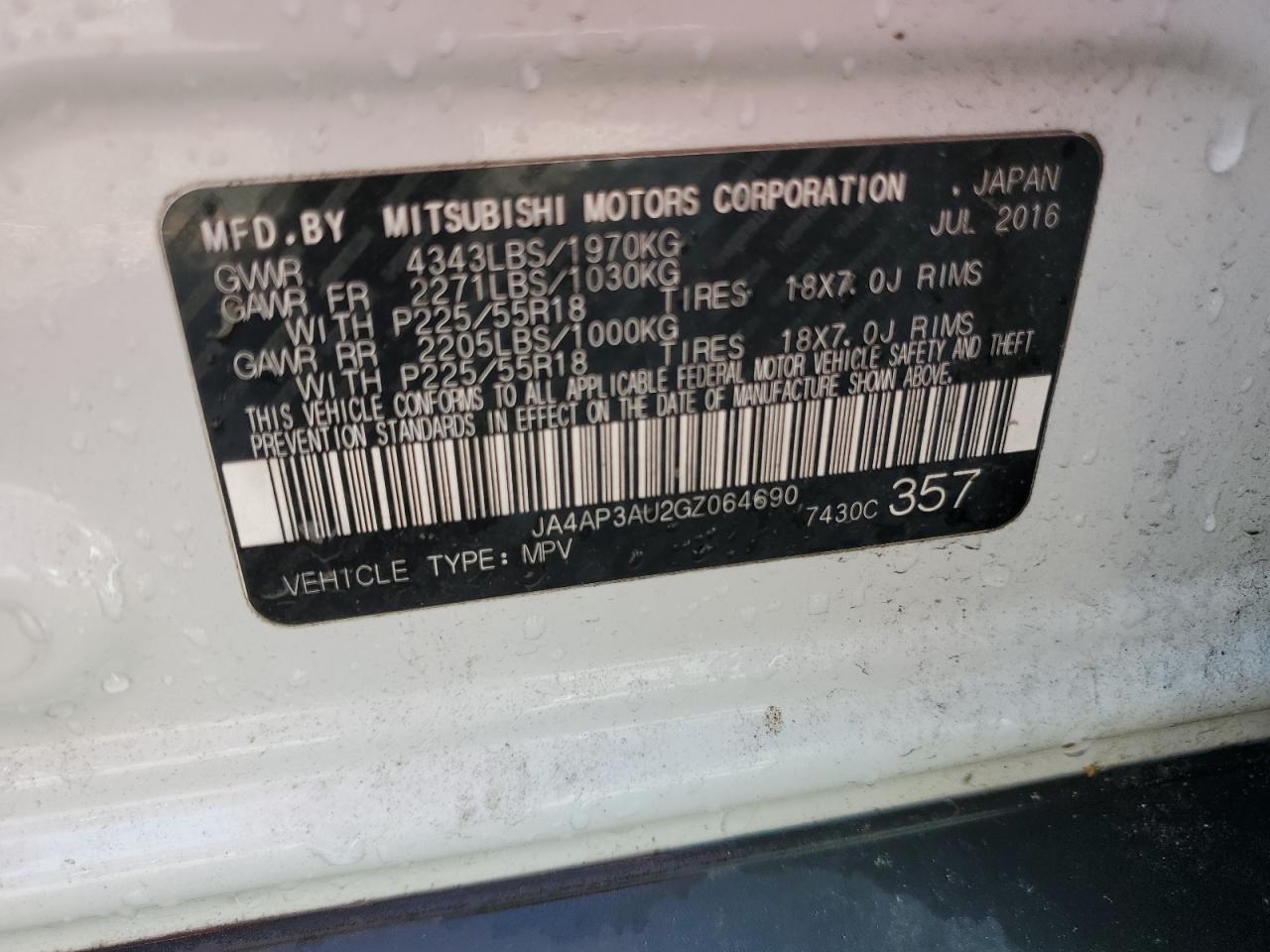 2016 Mitsubishi Outlander Sport Es VIN: JA4AP3AU2GZ064690 Lot: 57950975