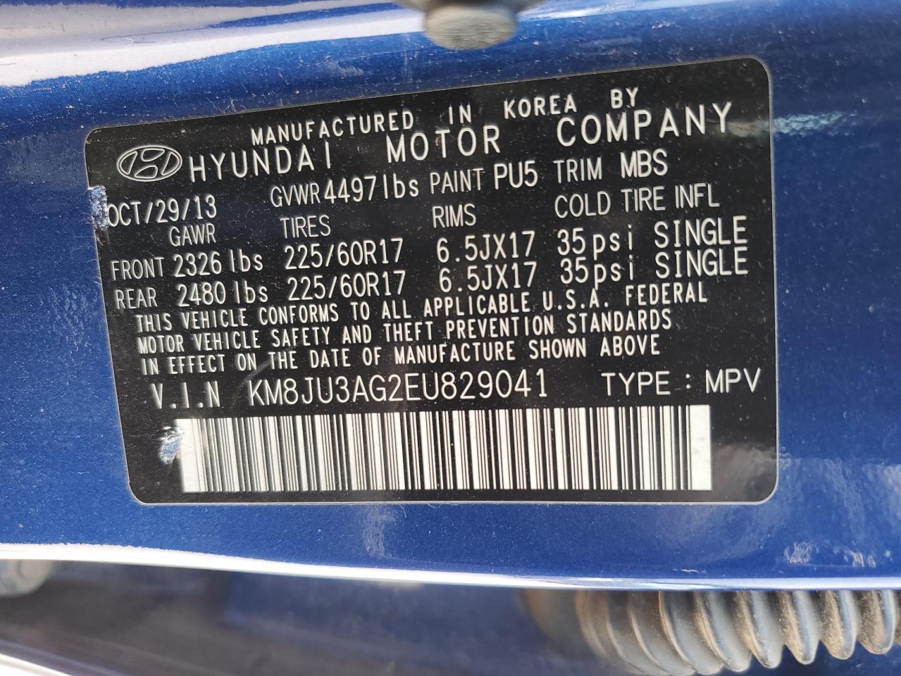 2014 Hyundai Tucson Gls VIN: KM8JU3AG2EU829041 Lot: 58393805
