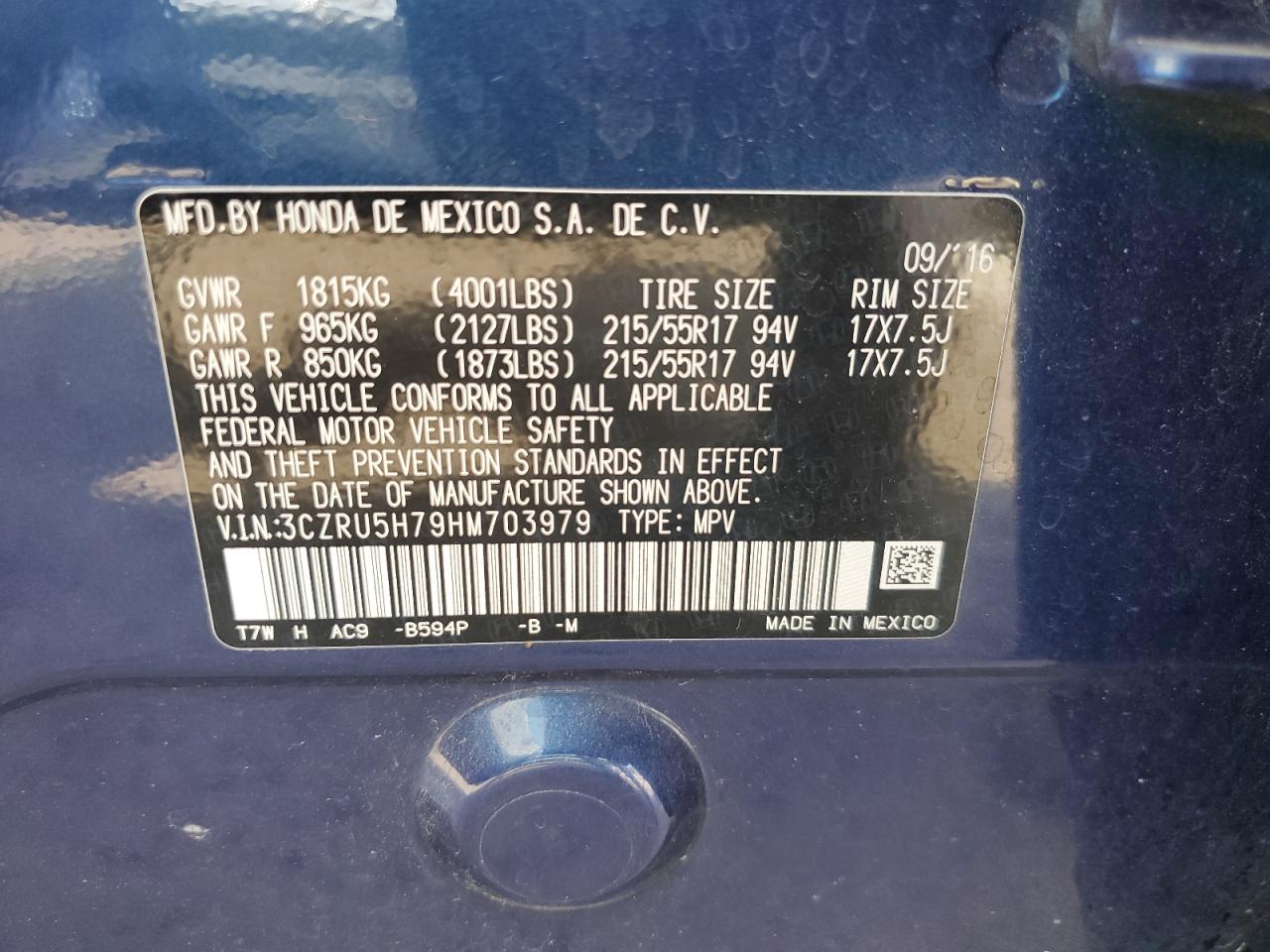 2017 Honda Hr-V Exl VIN: 3CZRU5H79HM703979 Lot: 56943195