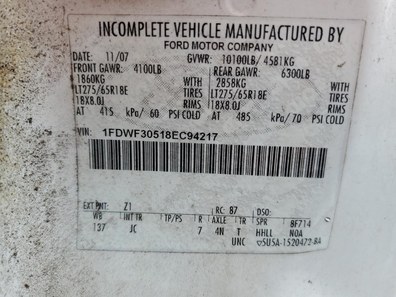 2008 Ford F350 Srw Super Duty VIN: 1FDWF30518EC94217 Lot: 54363105