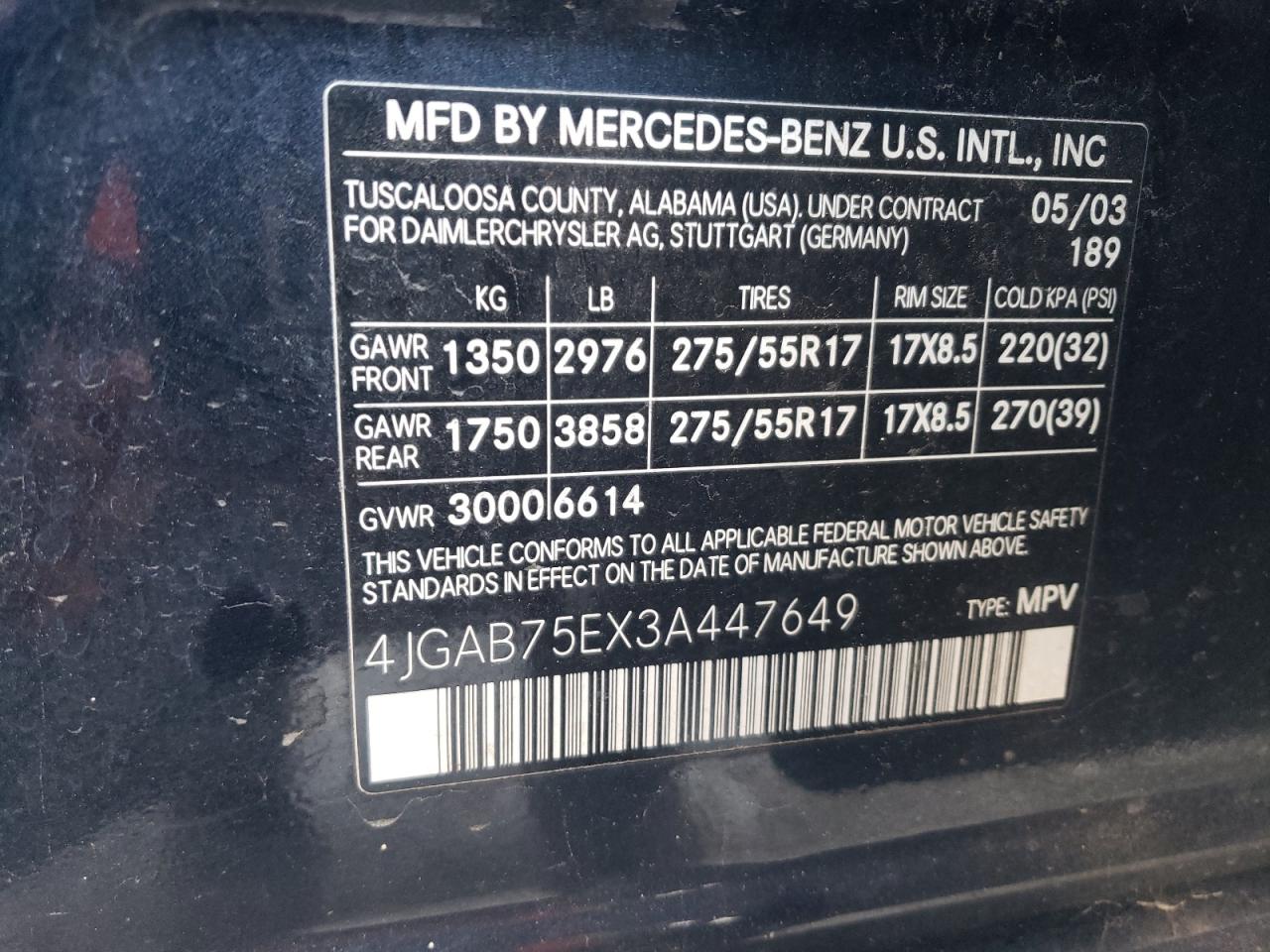 2003 Mercedes-Benz Ml 500 VIN: 4JGAB75EX3A447649 Lot: 56901235
