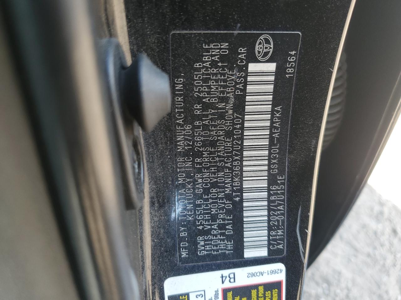 2007 Toyota Avalon Xl VIN: 4T1BK36BX7U210407 Lot: 56190735