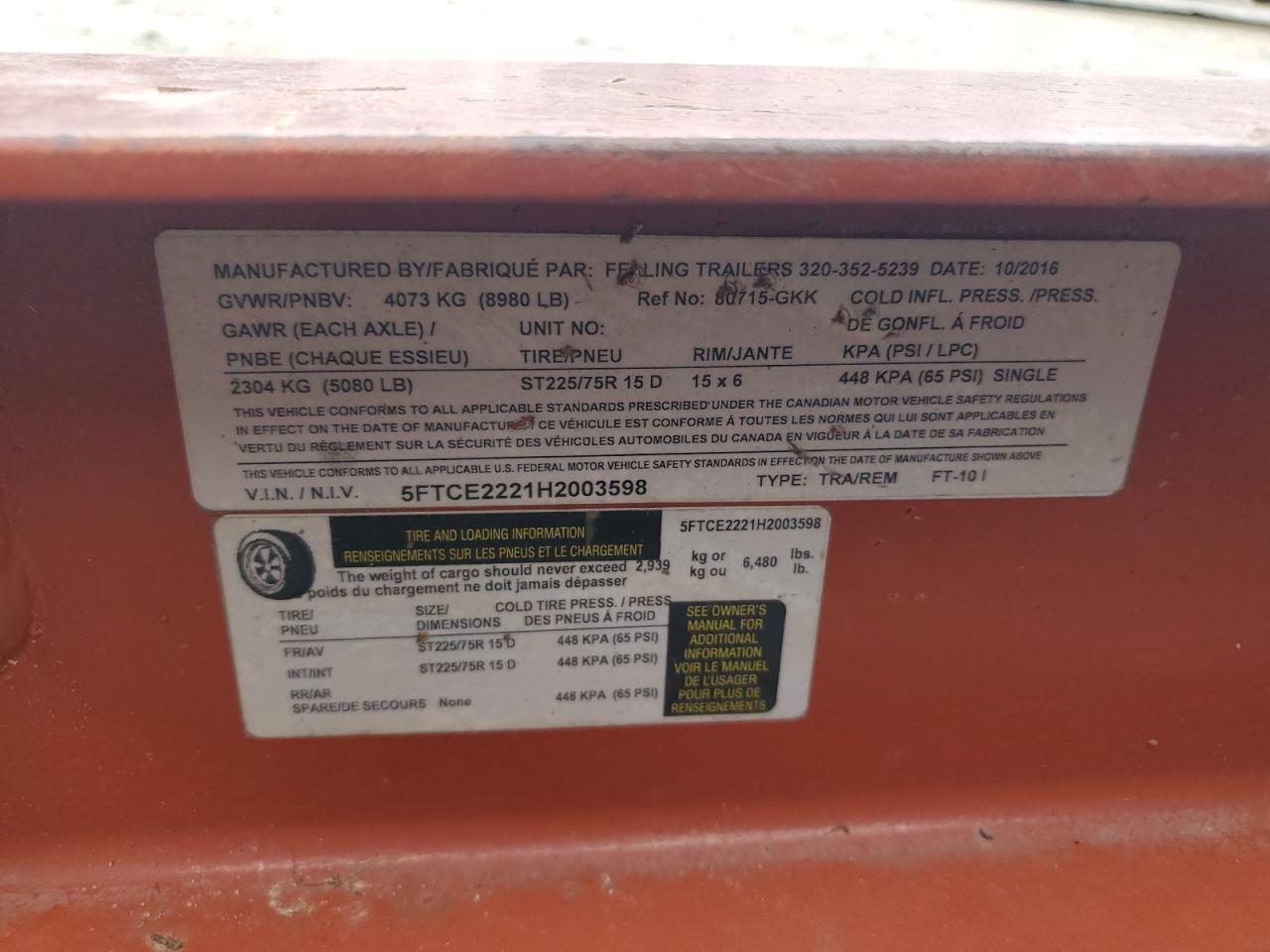 2017 Trail King Trailer VIN: 5FTCE2221H2003598 Lot: 56397105
