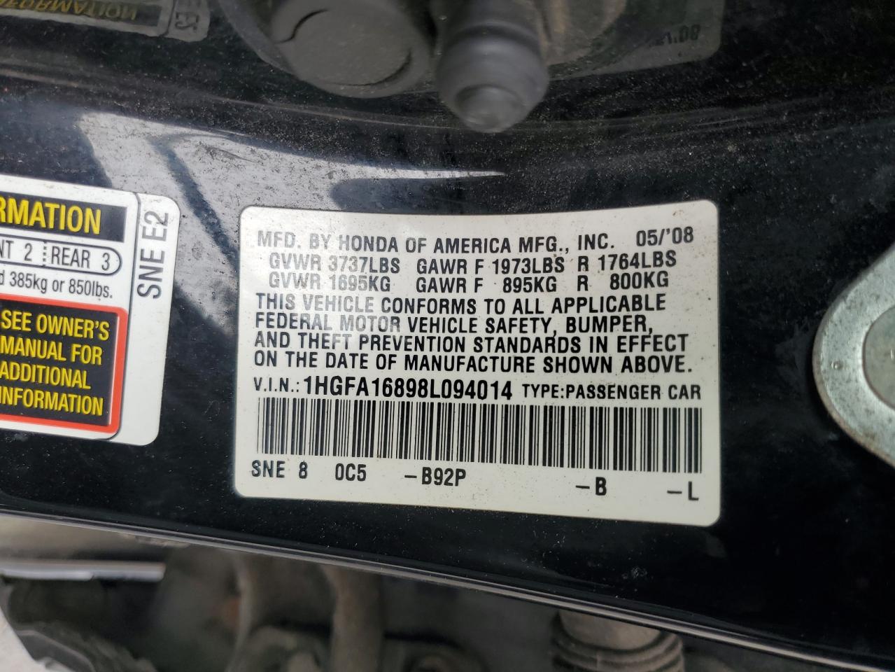 2008 Honda Civic Ex VIN: 1HGFA16898L094014 Lot: 58885925