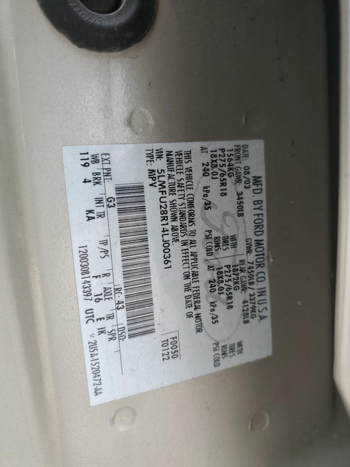 2004 Lincoln Navigator VIN: 5LMFU28R14LJ00361 Lot: 57280455