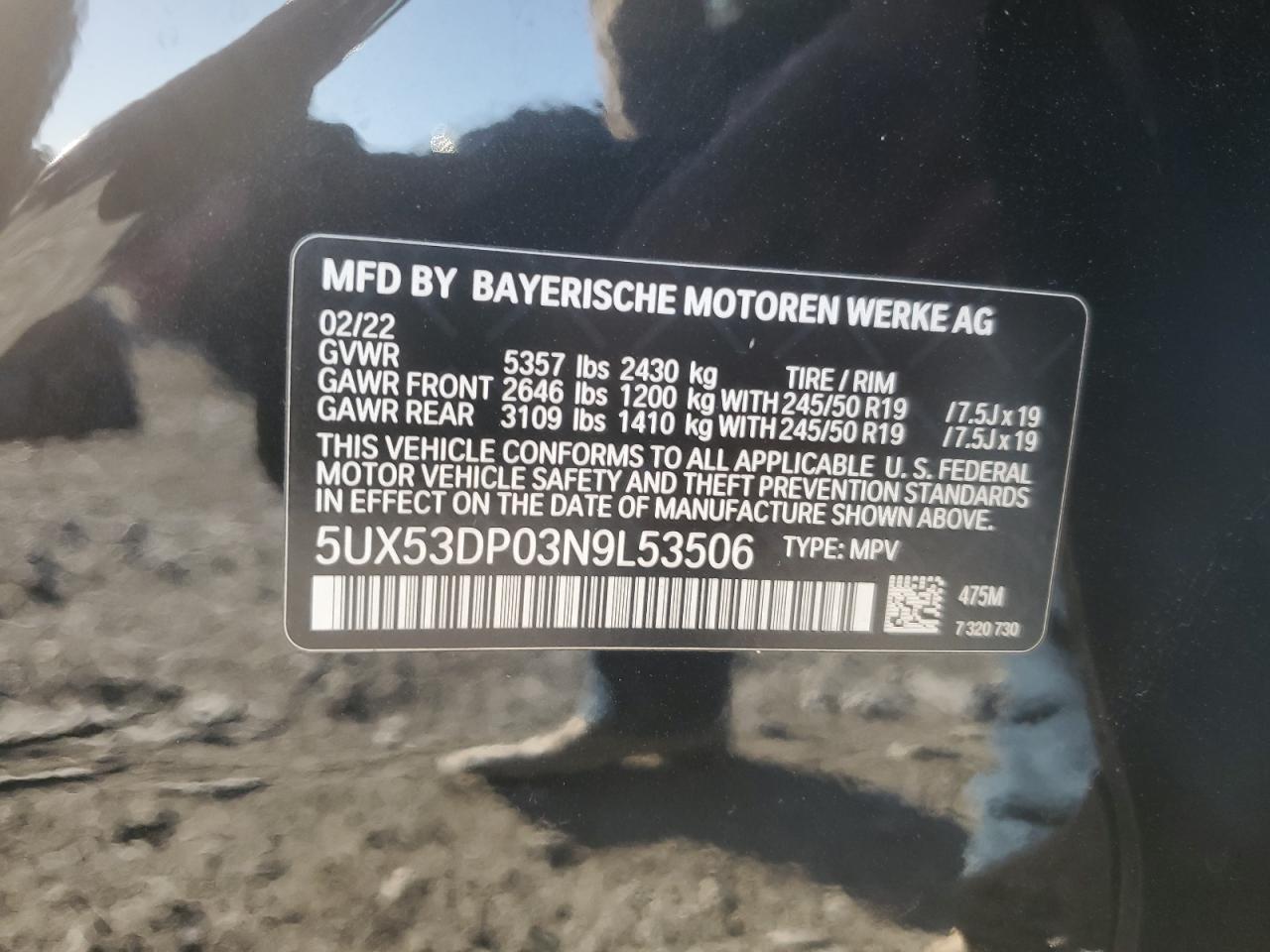 2022 BMW X3 xDrive30I VIN: 5UX53DP03N9L53506 Lot: 57130955