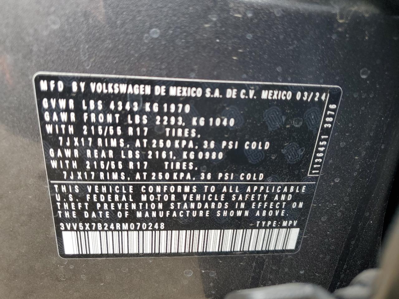 2024 Volkswagen Taos S VIN: 3VV5X7B24RM070248 Lot: 55796765