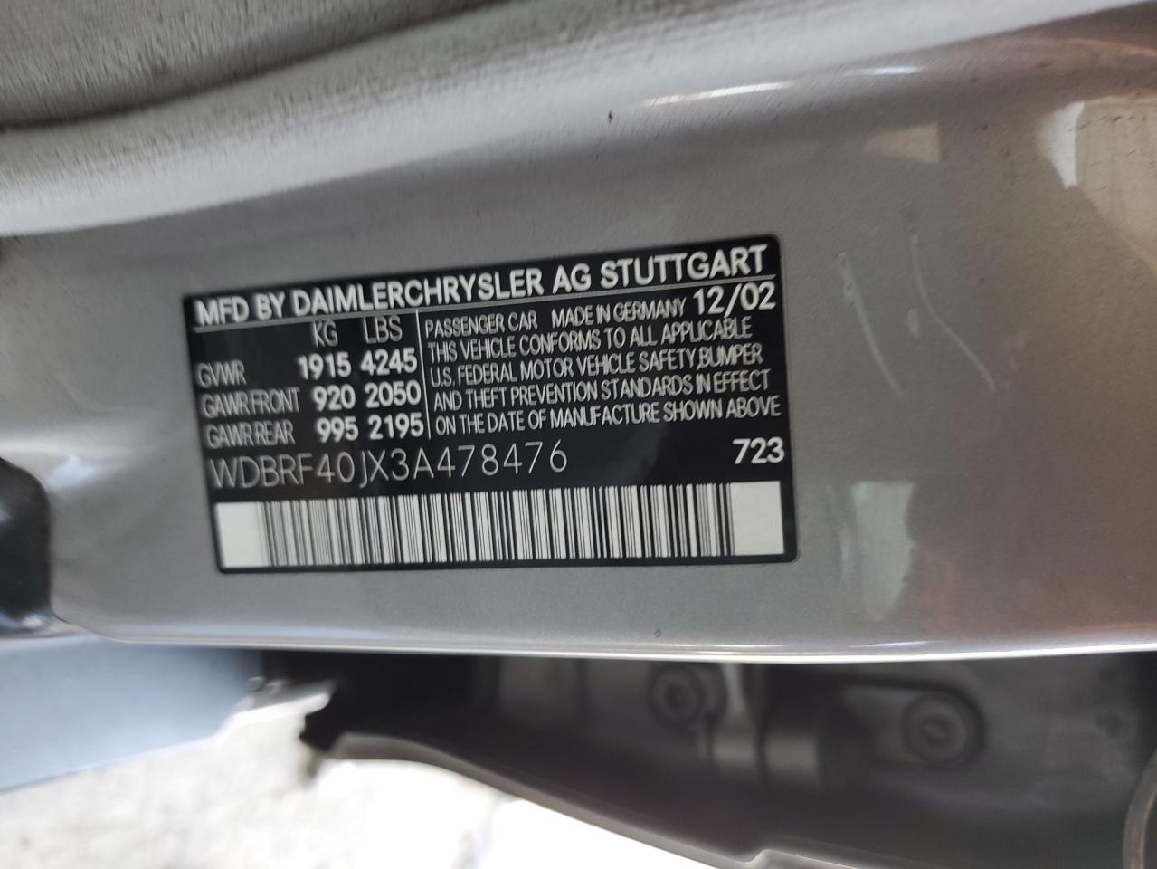 2003 Mercedes-Benz C 230K Sport Sedan VIN: WDBRF40JX3A478476 Lot: 57179455