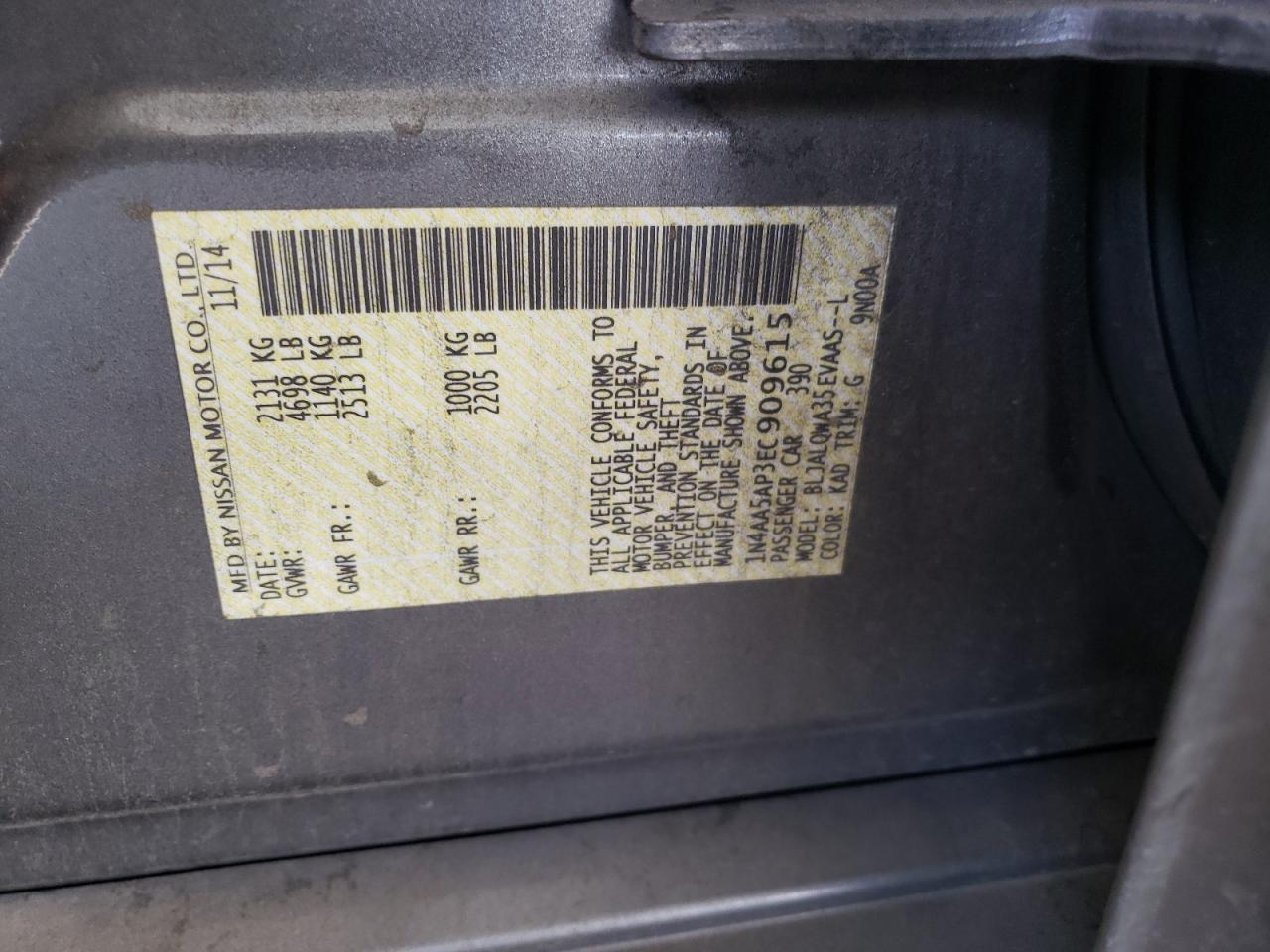2014 Nissan Maxima S VIN: 1N4AA5AP3EC909615 Lot: 57629975