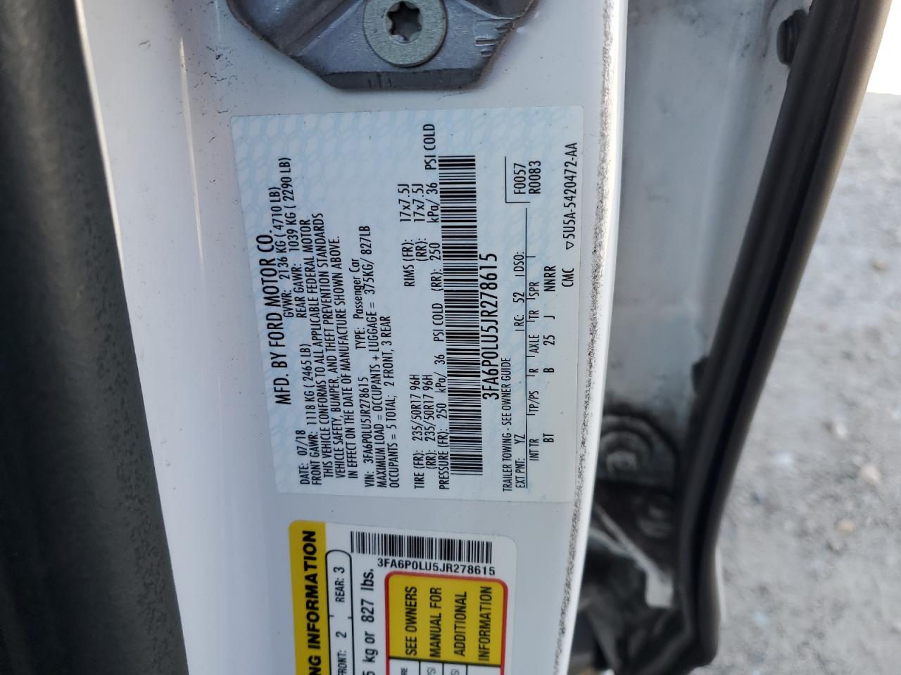 2018 Ford Fusion Se Hybrid VIN: 3FA6P0LU5JR278615 Lot: 56831205