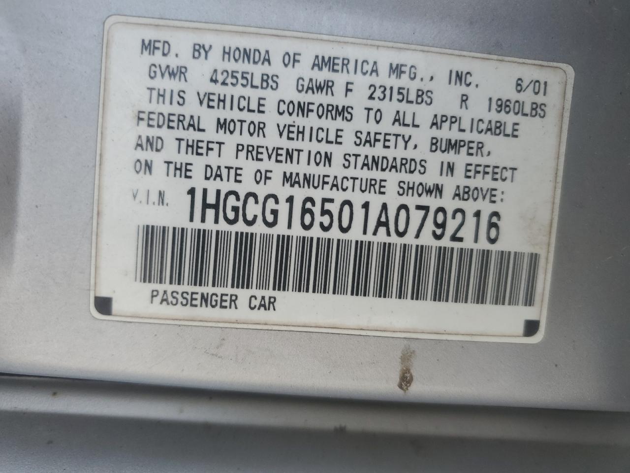 2001 Honda Accord Ex VIN: 1HGCG16501A079216 Lot: 57637295