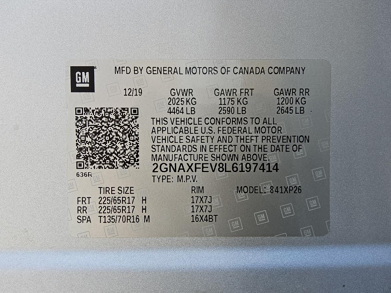 2020 Chevrolet Equinox VIN: 2GNAXFEV8L6197414 Lot: 55846185