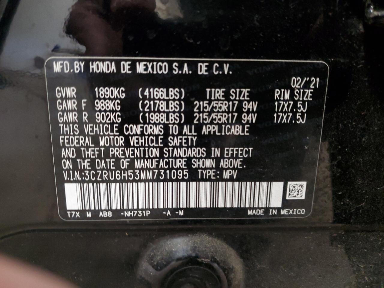 2021 Honda Hr-V Ex VIN: 3CZRU6H53MM731095 Lot: 56962385