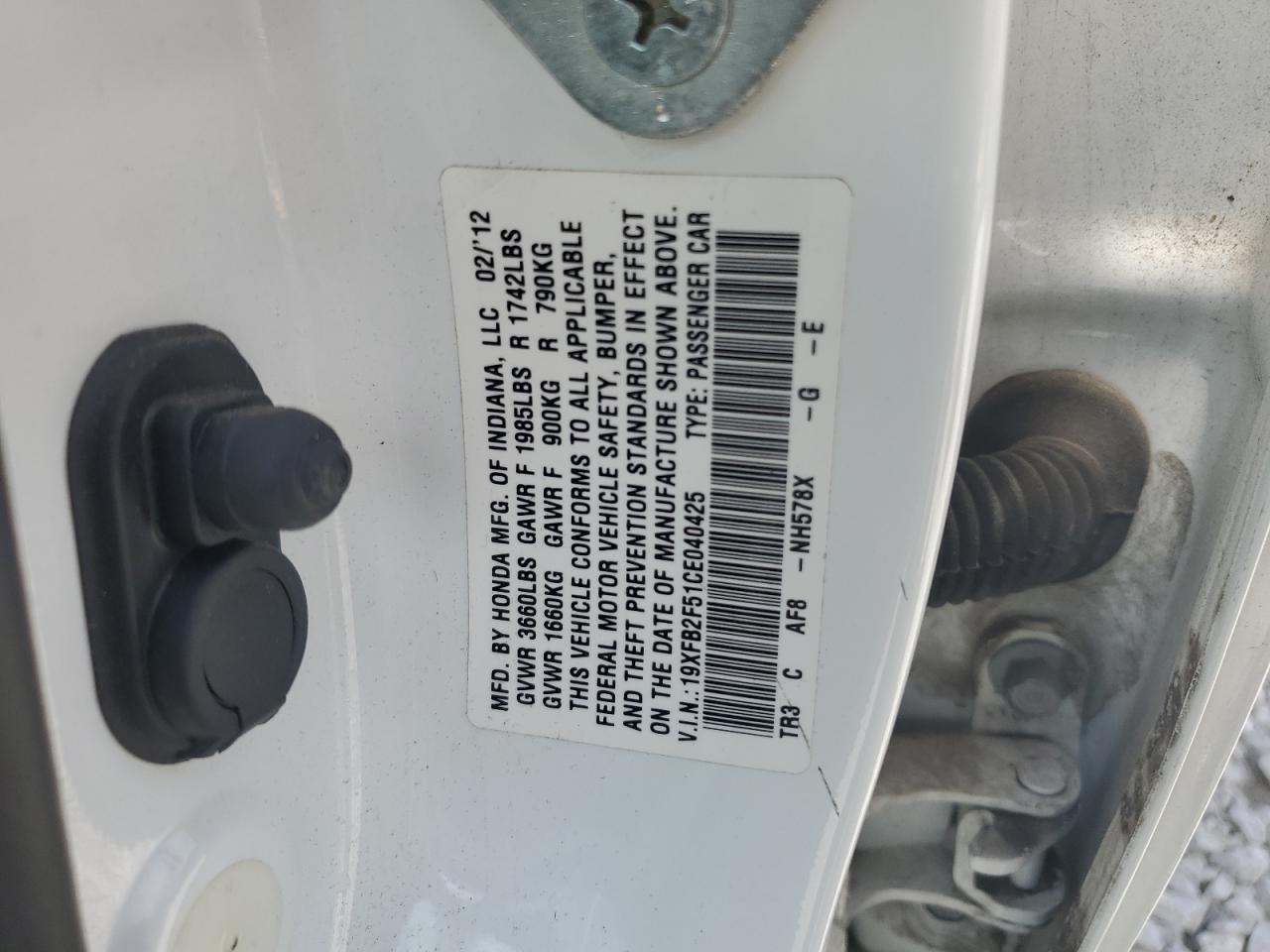 2012 Honda Civic Lx VIN: 19XFB2F51CE040425 Lot: 58840815