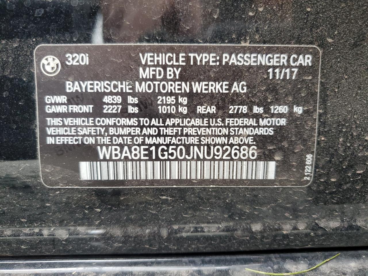 2018 BMW 320 I VIN: WBA8E1G50JNU92686 Lot: 56984835