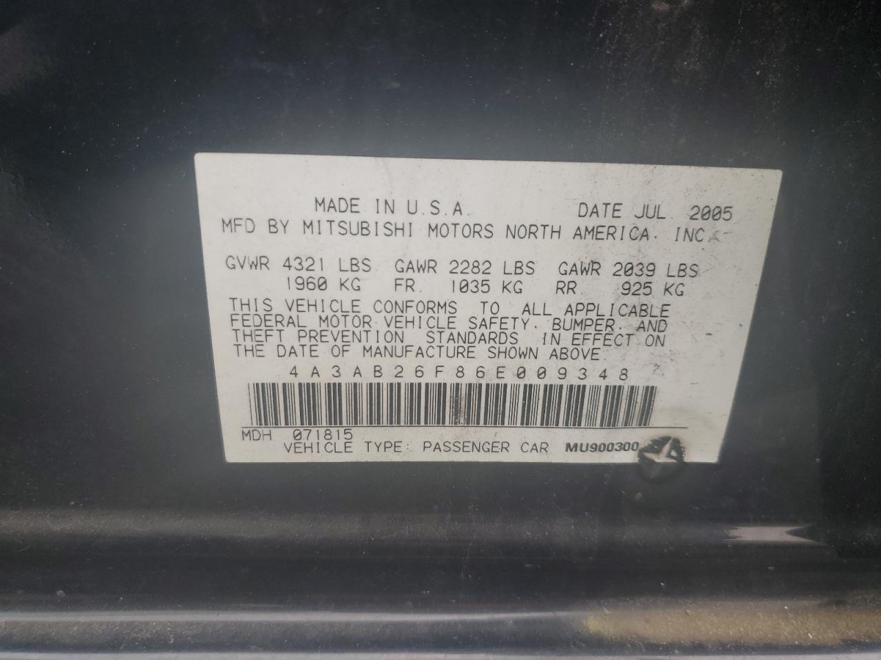 2006 Mitsubishi Galant De VIN: 4A3AB26F86E009348 Lot: 55768105