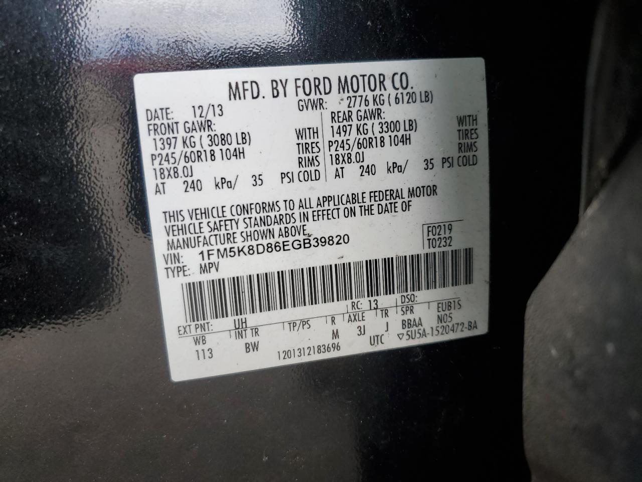2014 Ford Explorer Xlt VIN: 1FM5K8D86EGB39820 Lot: 56271325