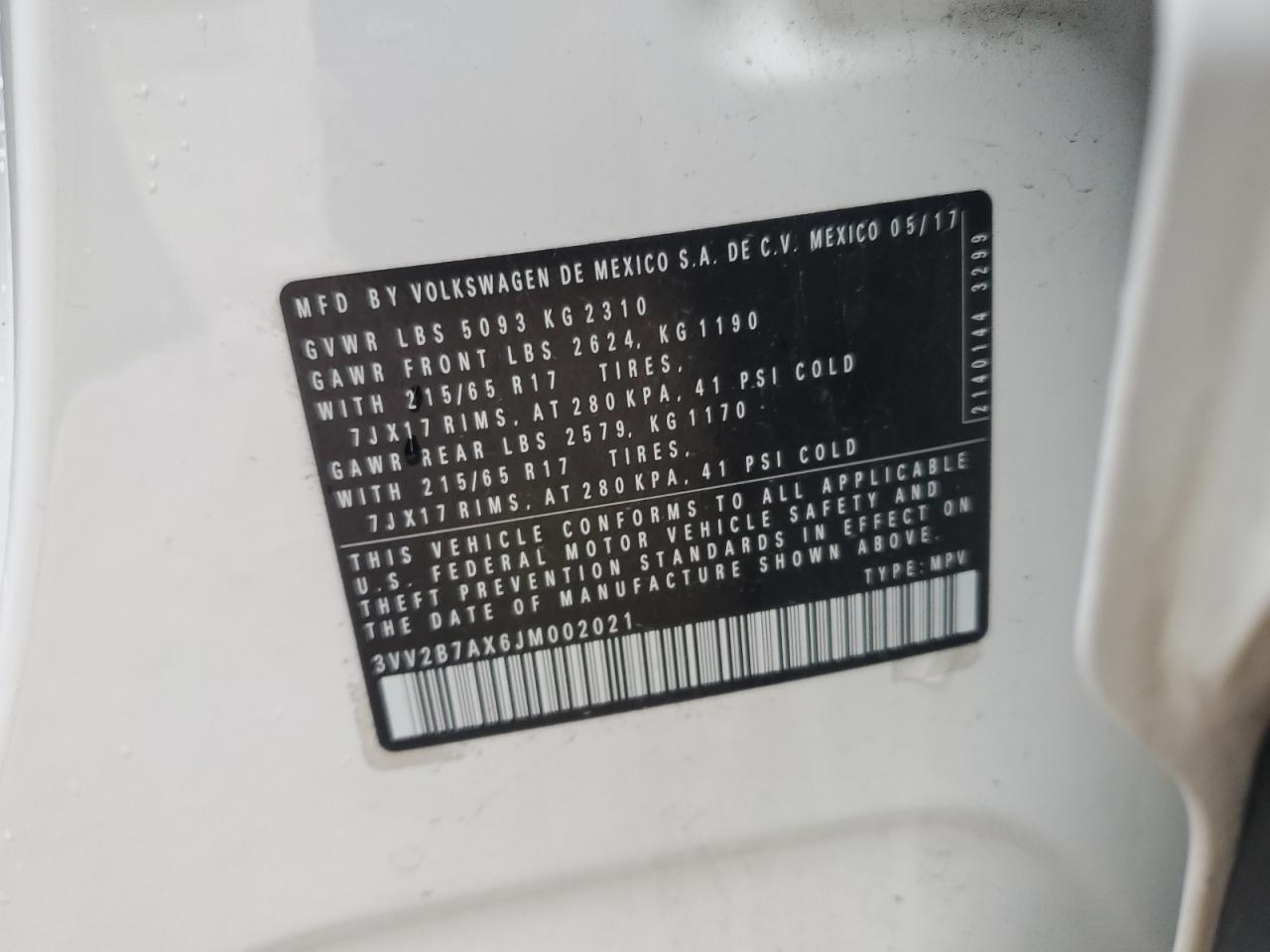 2018 Volkswagen Tiguan Se VIN: 3VV2B7AX6JM002021 Lot: 58511595