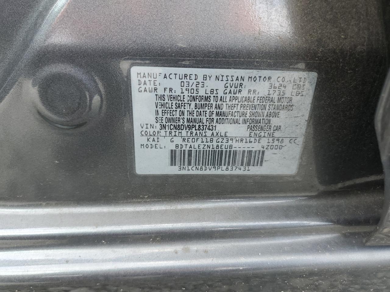 2023 Nissan Versa S VIN: 3N1CN8DV9PL837431 Lot: 56859715