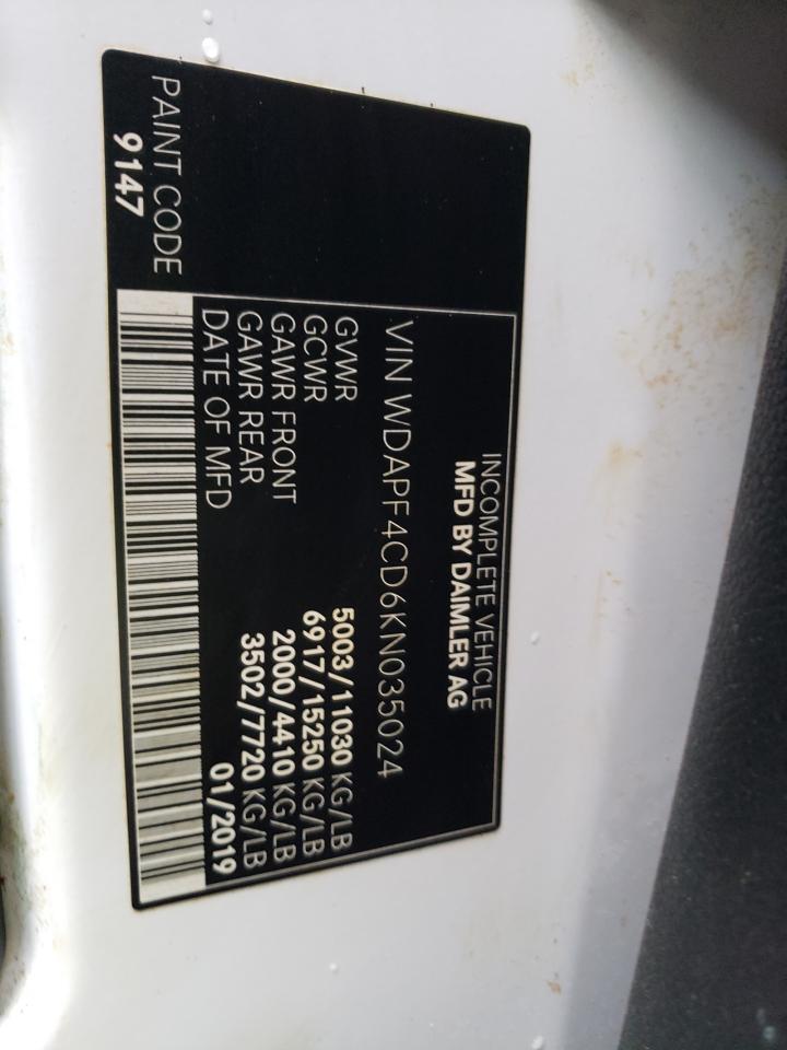2019 Mercedes-Benz Sprinter 3500/4500 VIN: WDAPF4CD6KN035024 Lot: 56745545