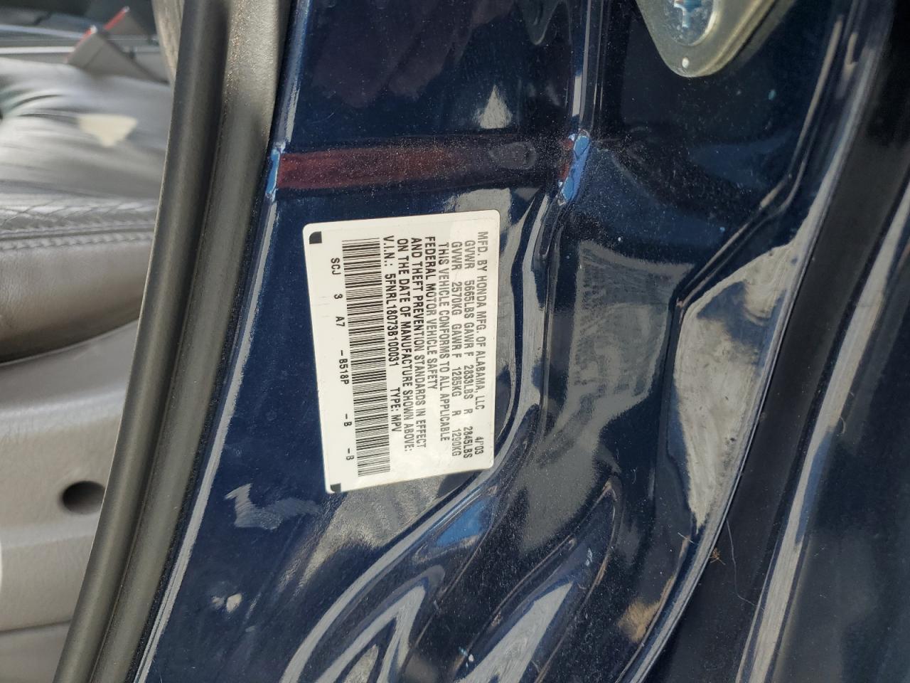 2003 Honda Odyssey Exl VIN: 5FNRL18073B100031 Lot: 56576135