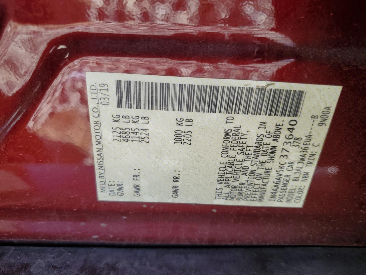 2019 Nissan Maxima S VIN: 1N4AA6AV5KC373640 Lot: 57222715