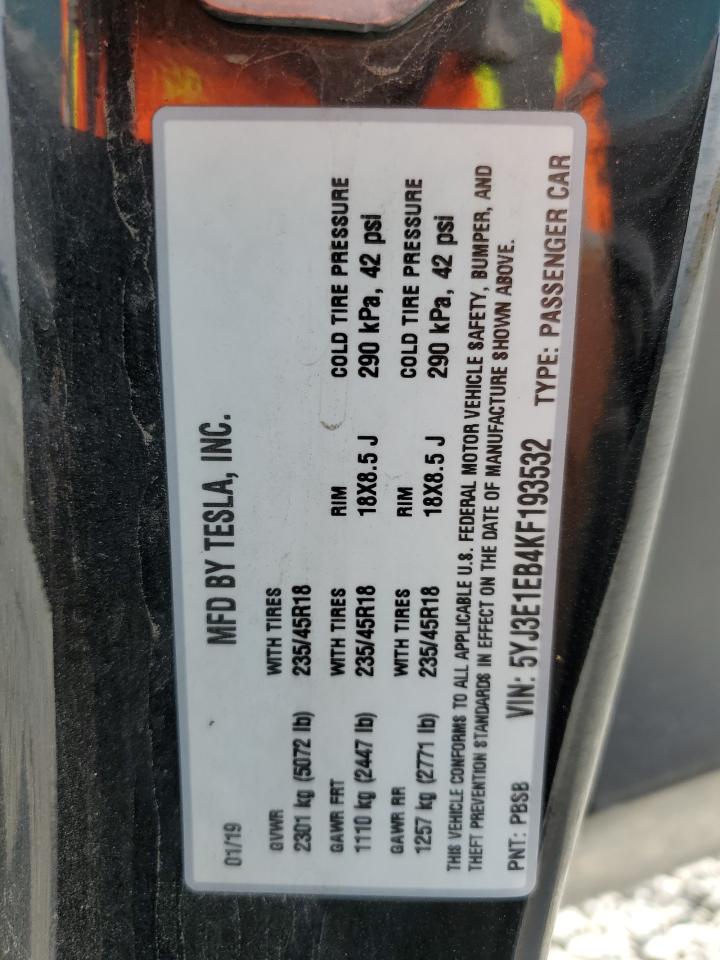 2019 Tesla Model 3 VIN: 5YJ3E1EB4KF193532 Lot: 58763765