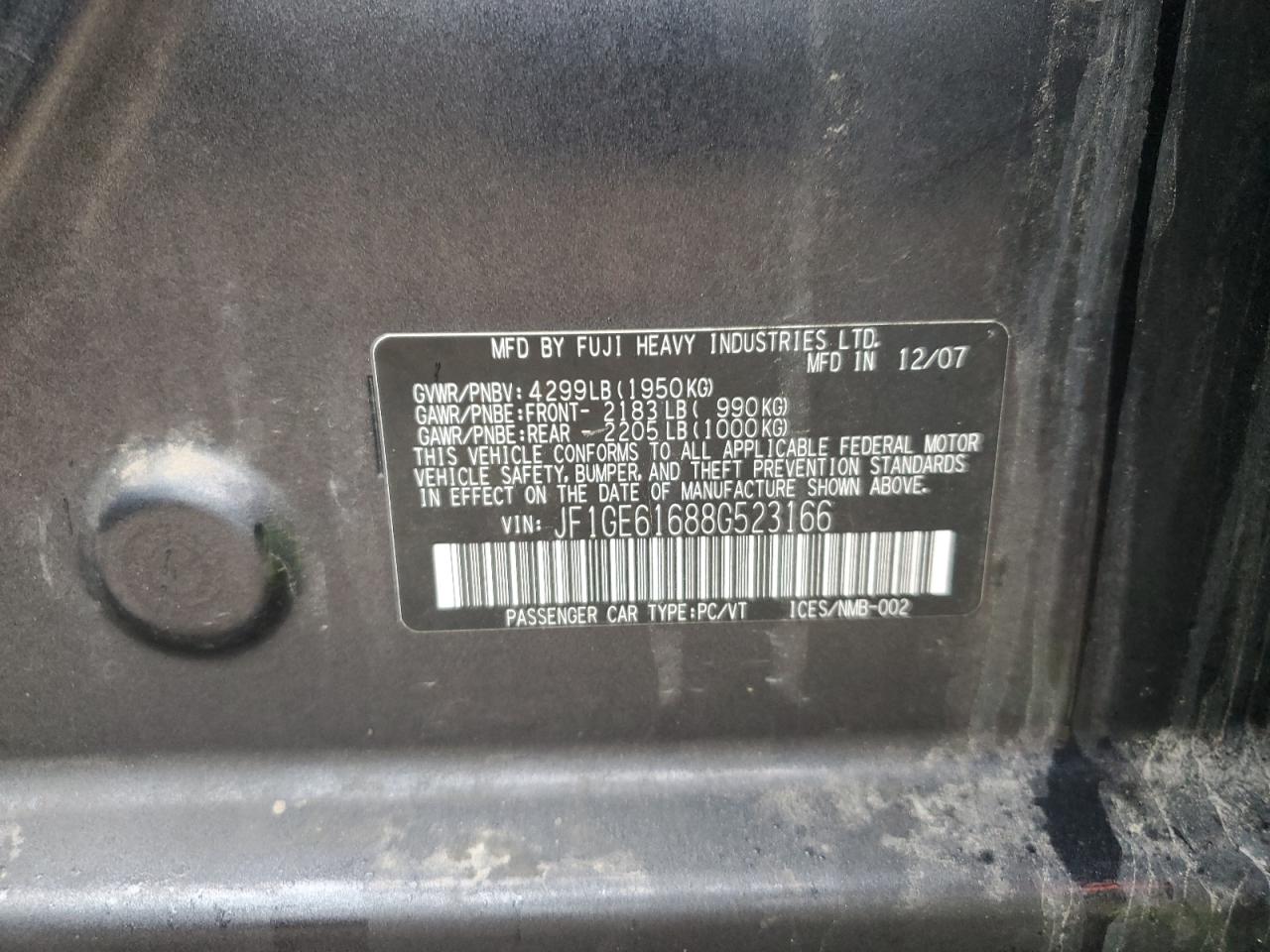 2008 Subaru Impreza 2.5I VIN: JF1GE61688G523166 Lot: 55850145