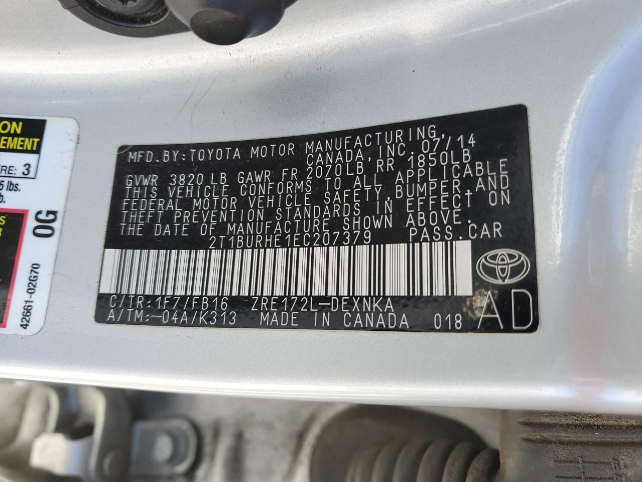 2014 Toyota Corolla L VIN: 2T1BURHE1EC207379 Lot: 58003925