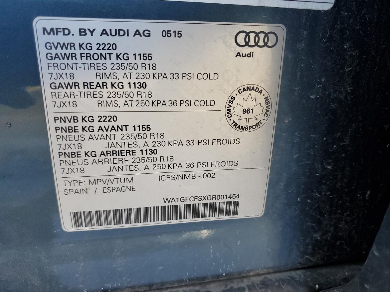 2016 Audi Q3 Prestige VIN: WA1GFCFSXGR001454 Lot: 56175155