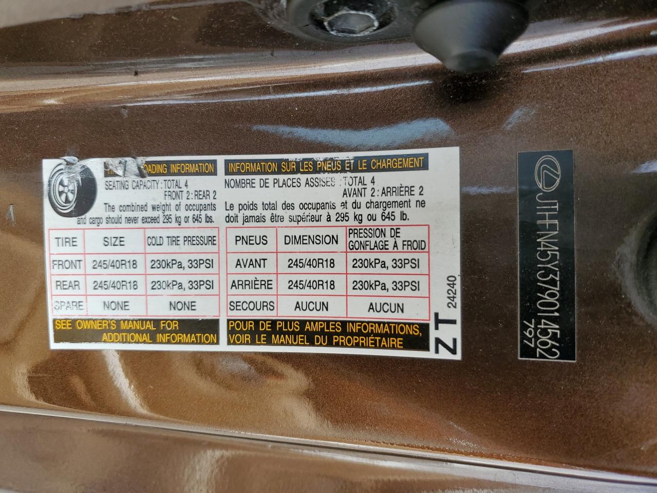 2007 Lexus Sc 430 VIN: JTHFN45Y379014562 Lot: 56802405