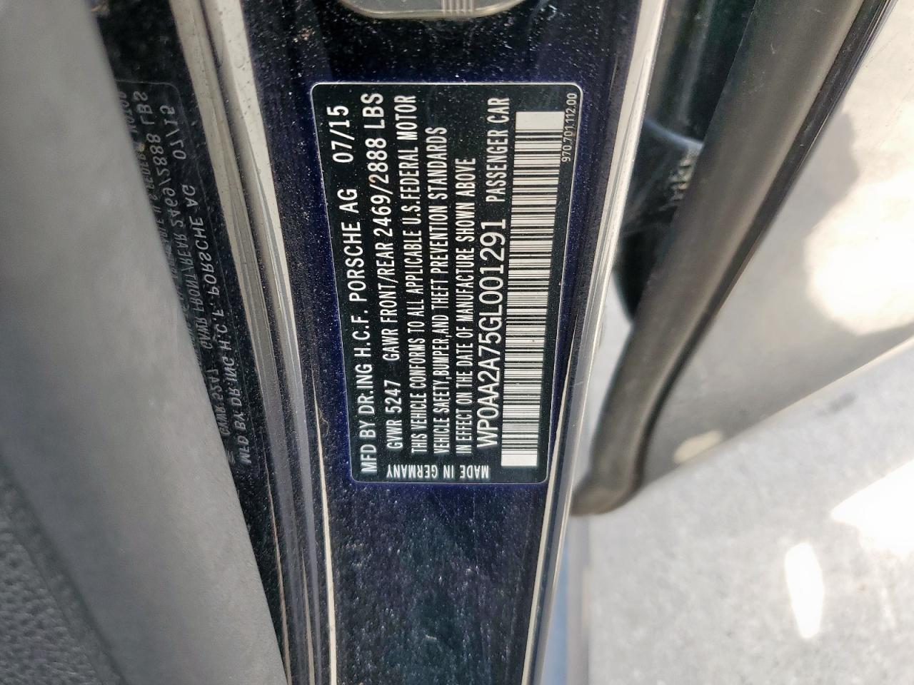 2016 Porsche Panamera 2 VIN: WP0AA2A75GL001291 Lot: 57095895