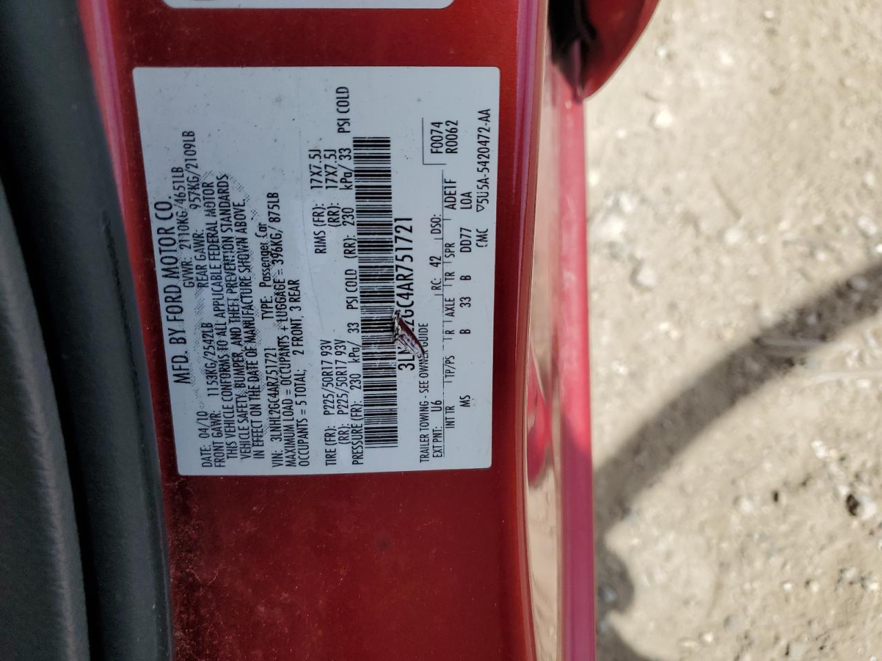 2010 Lincoln Mkz VIN: 3LNHL2GC4AR751721 Lot: 56644685