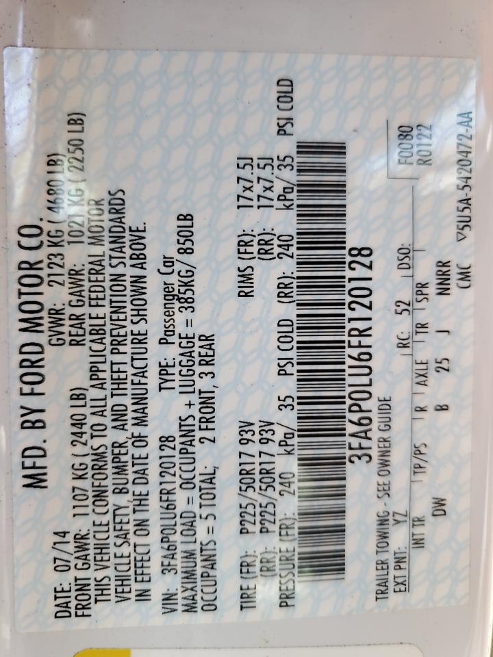 2015 Ford Fusion Se Hybrid VIN: 3FA6P0LU6FR120128 Lot: 56826495