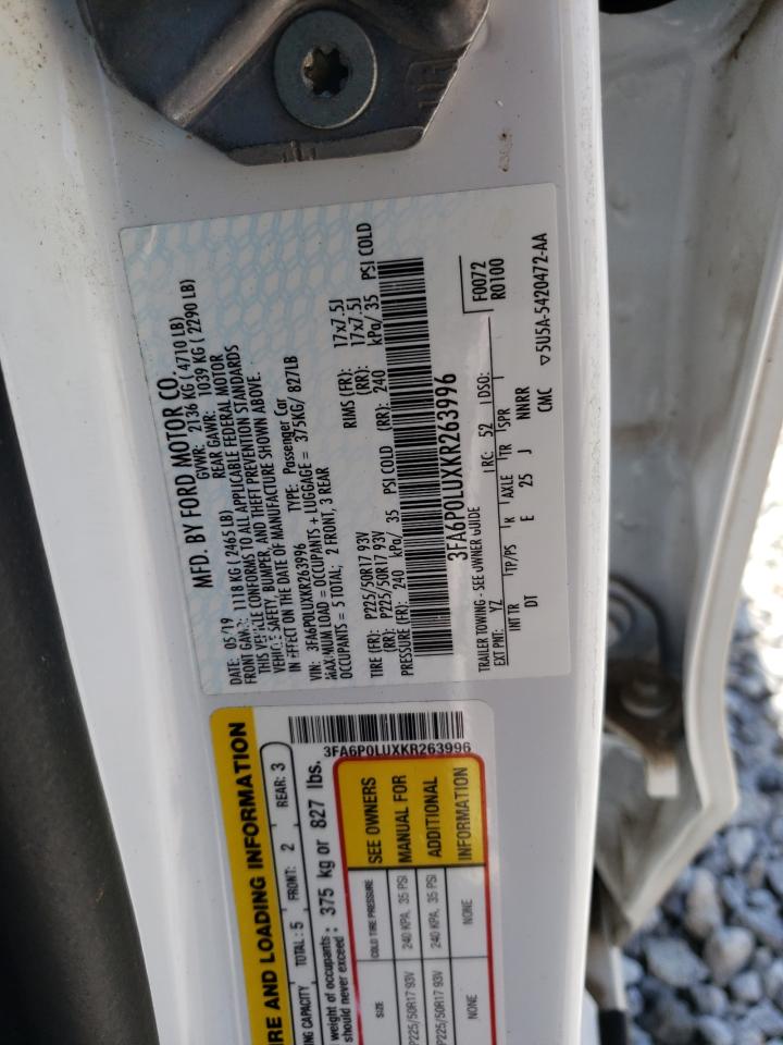 2019 Ford Fusion Se VIN: 3FA6P0LUXKR263996 Lot: 54039605